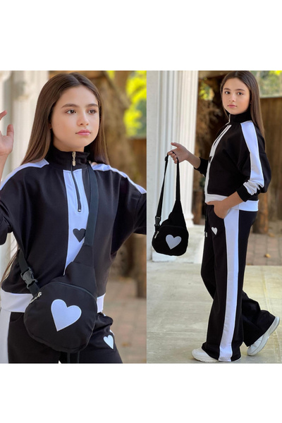 My Kids Wear Kız Çocuk Kalplı Nakışlı 3lü Çantalı Takım 4-16 Yaş 12122