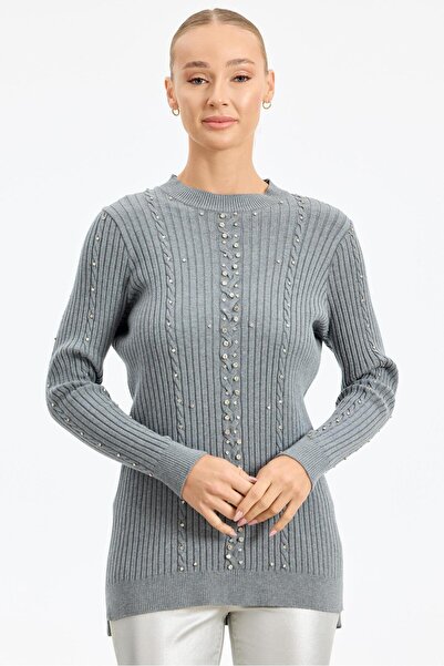 Tığ Triko Taş Detaylı Saç Örgülü Tunik GRİ MELANJ