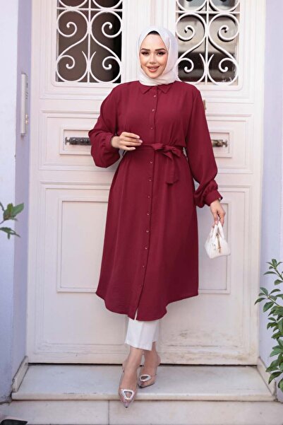 N.S NEVA STYLE Buttoned Burgundy Hijab Tunic 32172Br