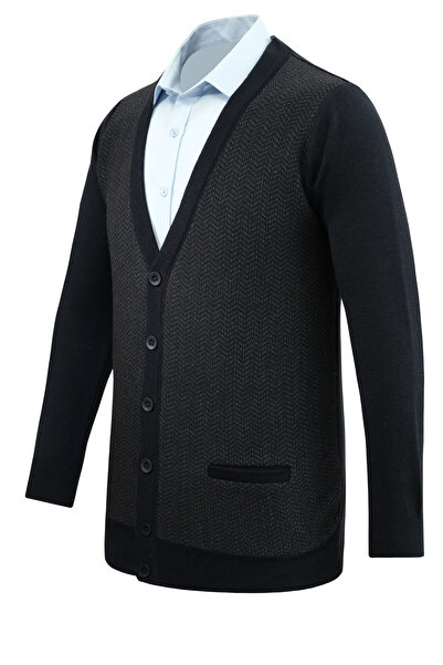 Çizgi Triko Erkek Düğmeli Hırka Cepli Desenli Çelik Örgü Klasik Kalıp - 5212M