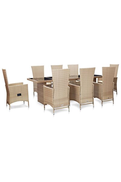 vidaxl 9 Piece Outdoor Dining Set with Cushions Poly Rattan Beige