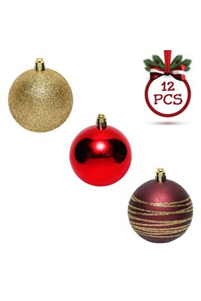 SHOPIENS Christmas Bauble Set Red Beige Brown Glitter Ø7 cm - 12 pcs