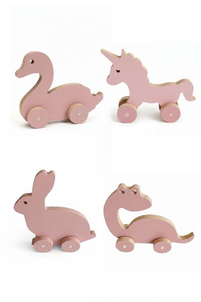 HOBBY HOUSE Elizya Pink Wooden Wheeled Figure Set of 4 (Swan, Unicorn, Rabbit, Dinosaur)