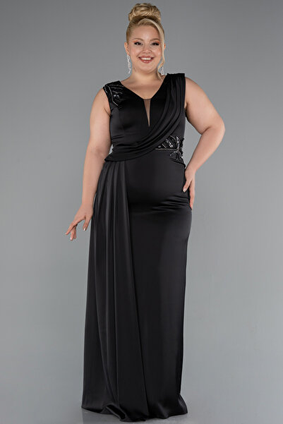 Abiyefon Siyah Kolsuz Kuyruklu Uzun Saten Büyük Beden Abiye ABU5193