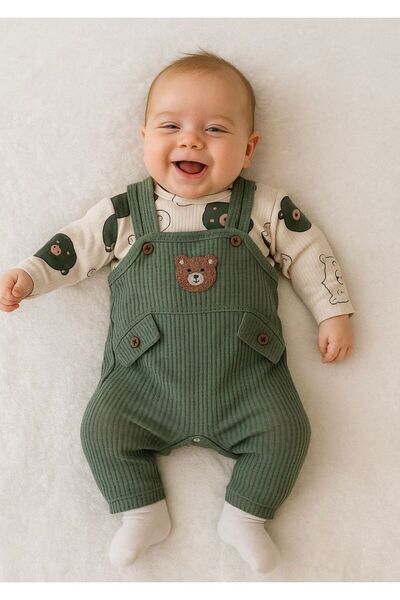 Tuembaby Nafi̇tto Bear Embroidered Green Color Baby Boy Romper 3-Piece Romper...