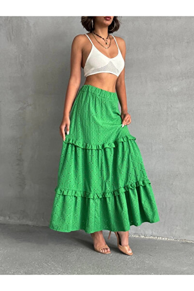 AyrStore Fırfırlı Brodeli Astarlı Uzun Etek Yeşil S255047