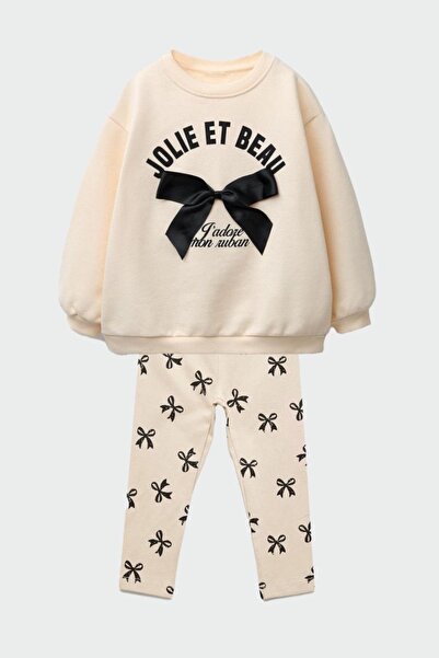 Monila Kız Çocuk 3 İplik Pamuklu Kumaş Fiyonk Detaylı Alt Üst Takım