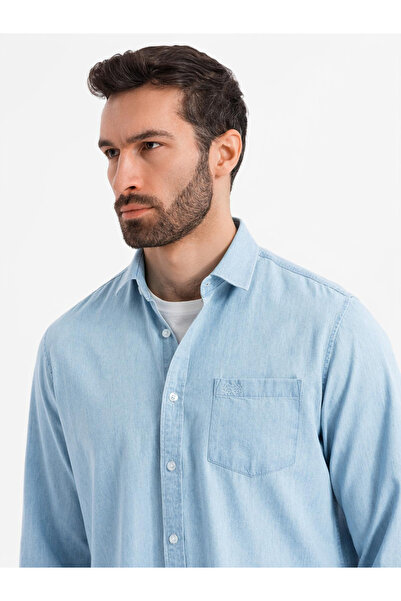 OMBRE Cămașă bărbătească din denim cu buzunar brodat - albastru deschis V1 OM-SHDS-0181 S