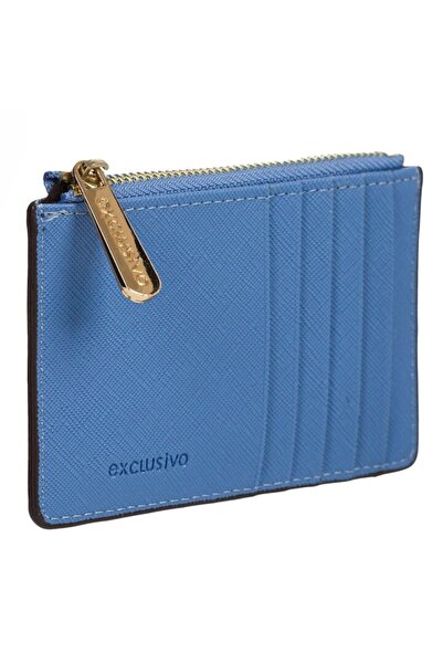 SHOPIENS Suport card albastru pentru carduri bancare cu fermoar metalic auriu, 8x12,5 cm, elegant și compact
