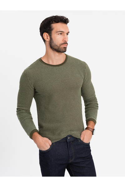 OMBRE Men's knitted sweater with structured dots - olive V2 OM-SWSW-0118 XL
