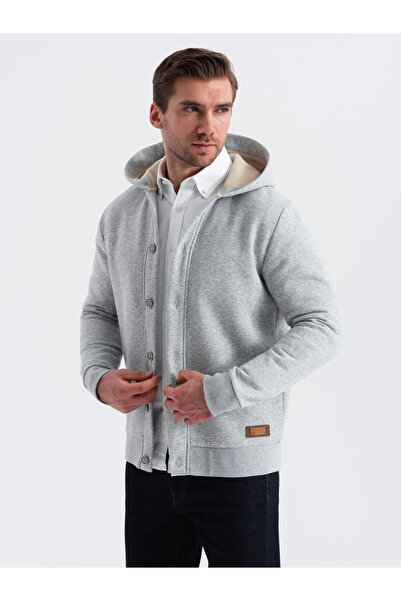 OMBRE Pánská mikina s kapucí na knoflíky - šedá melanž V2 OM-SSZP-0186 XXL