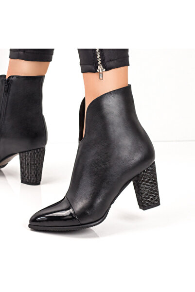 Modlet.ro Ghete de damă negre din piele naturală, cu toc, fermoar și vârf cu ...