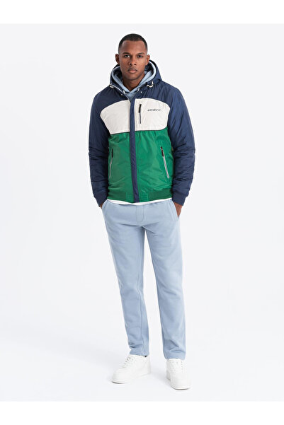 OMBRE Lightweight colorful men's sports jacket with fleece - green and navy blue V20 OM-JANP-0194