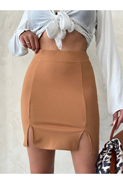 Ethab Ticaret Double Slit Skirt Camel S25910