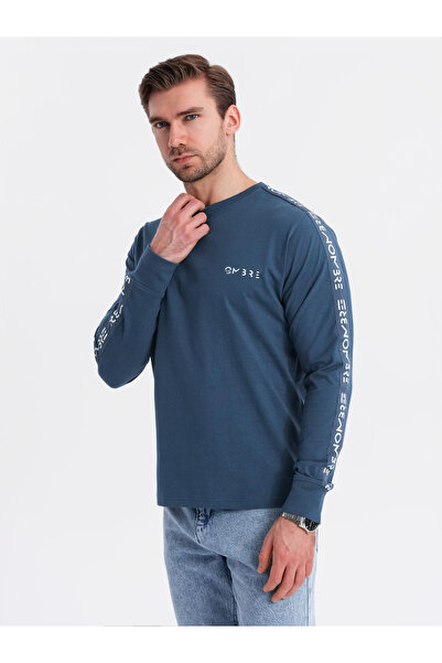 OMBRE Pánské bavlněné tričko s dlouhým rukávem a výstřihem do U, lemováním a potiskem na hrudi - tmavě modré V1 OM-LSCL-0127 XXL