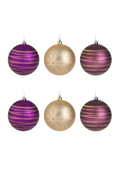 Jumbo Set Globuri de Craciun Mov cu Glitter Bej Sampanie Ø8 cm - 6 buc