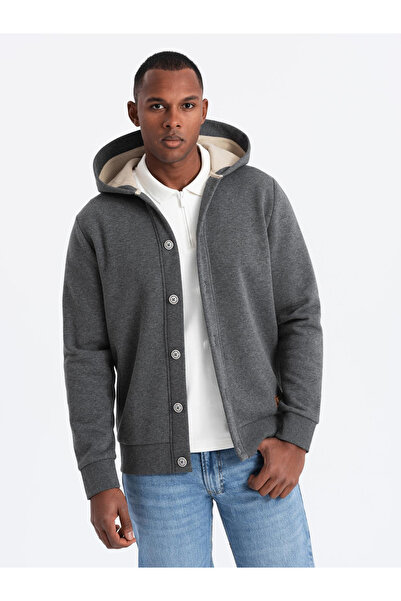 OMBRE Pánská mikina s kapucí a zapínáním na knoflíky - grafitová melanž V4 OM-SSZP-0186 XL