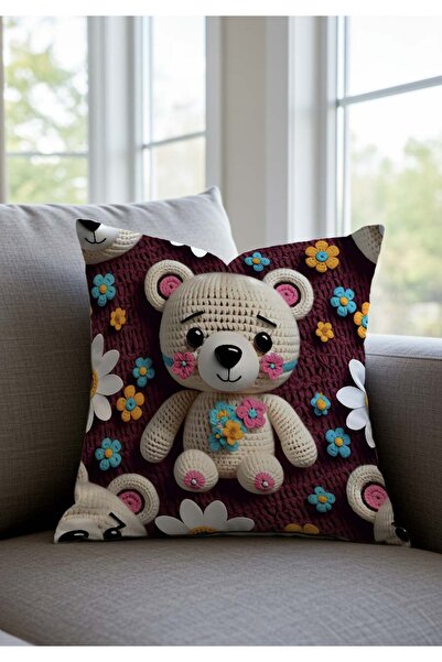 Pillow Home Cute Teddy Bear and Floral Pattern Embroidery-Looking Digital Printed Decorative Set of 4 Throw Pillow Covers