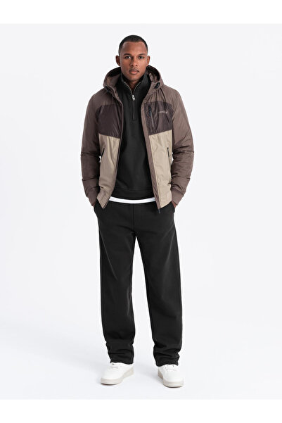 OMBRE Lightweight colorful men's sports jacket with fleece - beige and dark brown V19 OM-JANP-0194