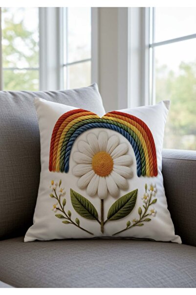Pillow Home Rainbow Daisy Embroidery Look Digital Printed Decorative Throw Pillow Cover