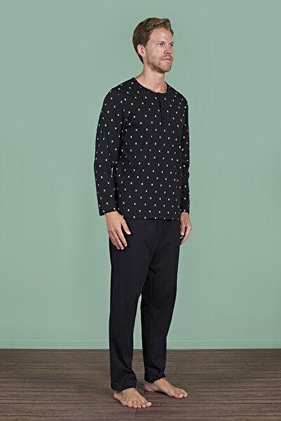 Pijadore Ανδρικό σετ πιτζάμες με μαύρο μακρυμάνικο μοτίβο με κουμπιά C9T2N91