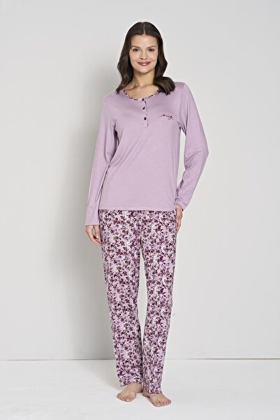 Pijadore Women's Plus Size Lilac Floral Print Button down Collar Long Sleeve Pajama Set C0T1N91