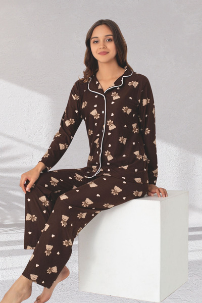 Zekalya Mother-Daughter Matching Outfit (Sold Separately) Teddy Bear Pattern Shirt Collar Brown Pajama Set