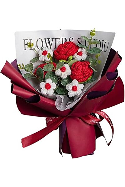 Generic باقة زهور محبوكة يدويًا - ورود كروشيه متينة مع لفافة رائعة، زهور مجفف...