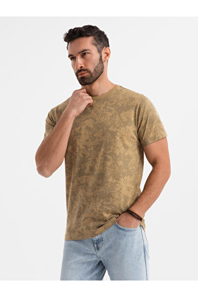 OMBRE Ανδρικό βαμβακερό κοντομάνικο μπλουζάκι με σχέδια - λαδί V3 OM-TSFP-0223 M