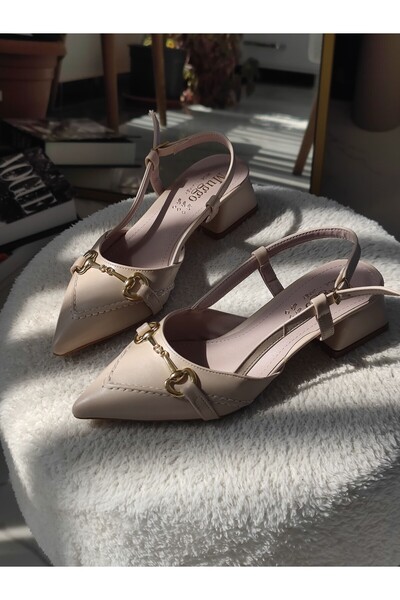 MUGGO Elvia Pointed Toe Open Back Women's Low Heel Shoes with Metal Accessories