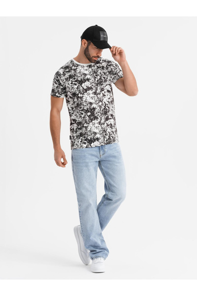 OMBRE Pánské vzorované bavlněné tričko s krátkým rukávem - bílo-černé V2 OM-TSFP-0223 XXL