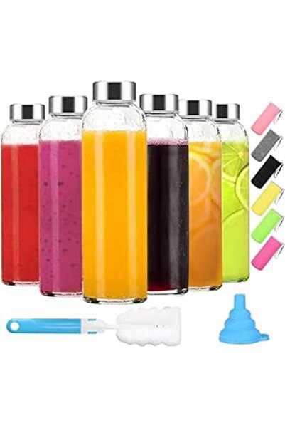 Generic Premify Clear Glass Bottles with Lids 18oz - 6 Pack Empty Reusable Glass Water Bottles with Sleeves,