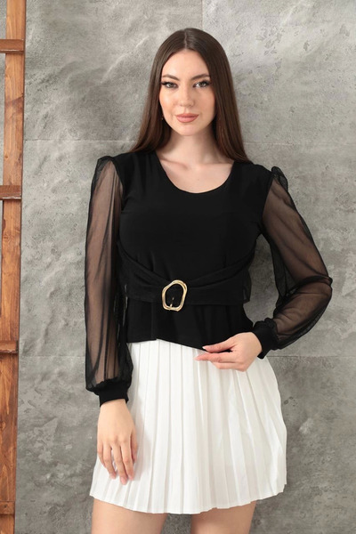 Ethab Ticaret Buckle Tulle Sleeve Blouse Black