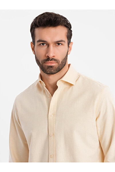 OMBRE Παστέλ βαμβακερό ανδρικό πουκάμισο oxford - φωτεινό κίτρινο V3 OM-SHOS-0183 M