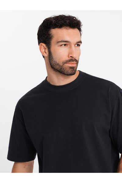 OMBRE Ανδρικό βαμβακερό μπλουζάκι LOOSE FIT με στρογγυλή λαιμόκοψη - μαύρο V1 OM-TSBC-0234 L