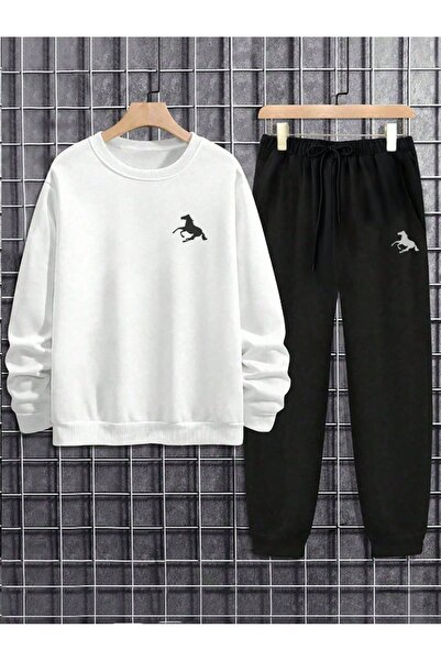 PAVRO طقم رياضي سويت شيرت وبنطلون جوجر - سترة رياضية كبيرة الحجم مع طباعة حصان