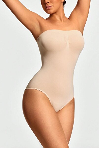 MİSTİRİK Fossini Model Tightening Knitted Fabric Snap Fastener Strapless Corset Skin Color