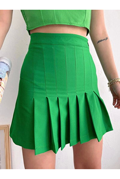 Ethab Ticaret Pleated Button Skirt Light Green S24811