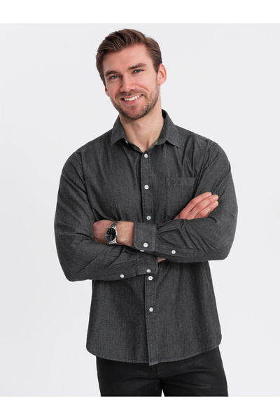 OMBRE Pánská džínová košile s vyšívanou kapsou - černá V2 OM-SHDS-0181 M