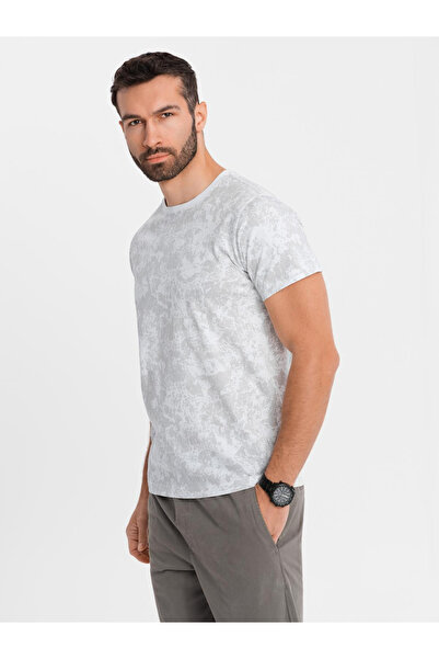 OMBRE Ανδρικό βαμβακερό κοντομάνικο μπλουζάκι με σχέδια - λευκό V1 OM-TSFP-0223 S