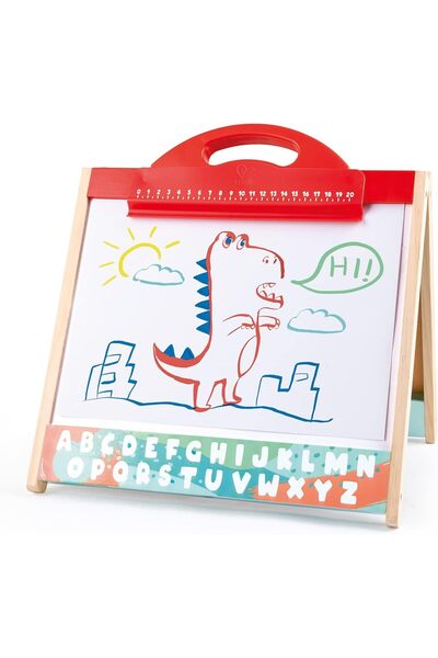 Hape Store & Go Tabletop Easel | Folding Double-Sided Blackboard & Magnetic Whiteboard with Markers,