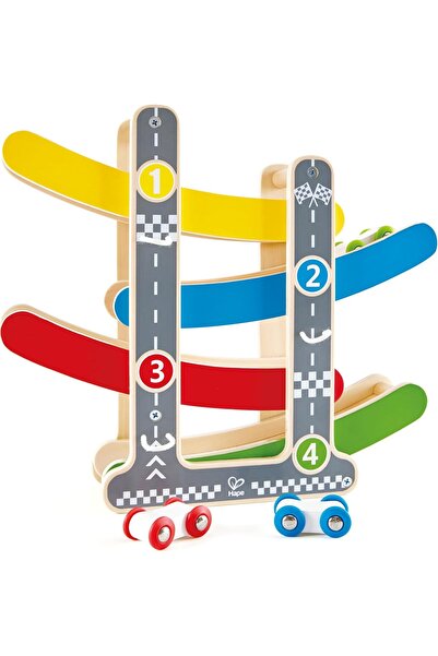 Hape مضمار سباق سريع | مضمار سباق خشبي من 4 قطع مع 3 سيارات سريعة، ومواقف سيا...