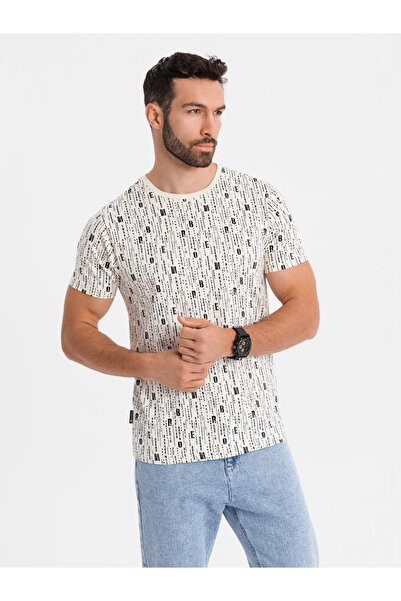 OMBRE Τυπωμένο βαμβακερό μπλουζάκι με στρογγυλή λαιμόκοψη - κρεμ V1 OM-TSFP-0225 M