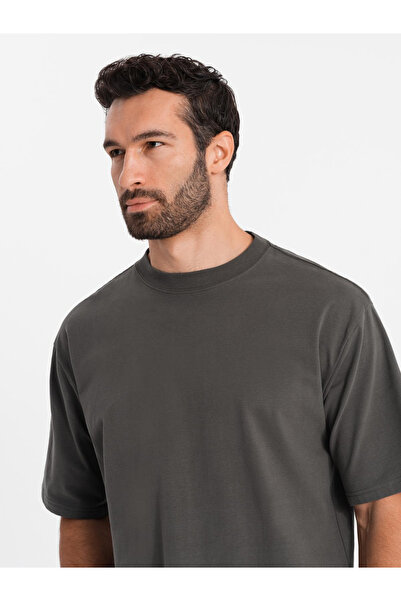 OMBRE Ανδρικό βαμβακερό μπλουζάκι LOOSE FIT με στρογγυλή λαιμόκοψη - γκρι-πράσινο V3 OM-TSBC-0234 XXL