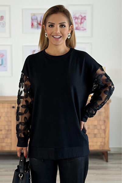 Nevin Kaya Moda Hanorac din bumbac 100% cu mâneci de culoare neagră și detaliu din tul