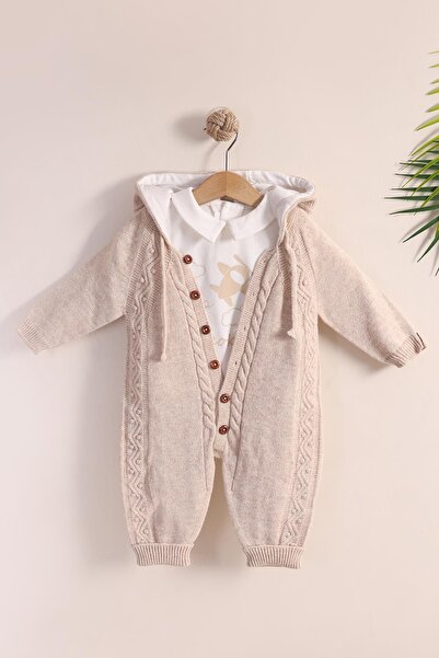 kidello Beige Knitted Baby Boy Hooded Long Jumpsuit