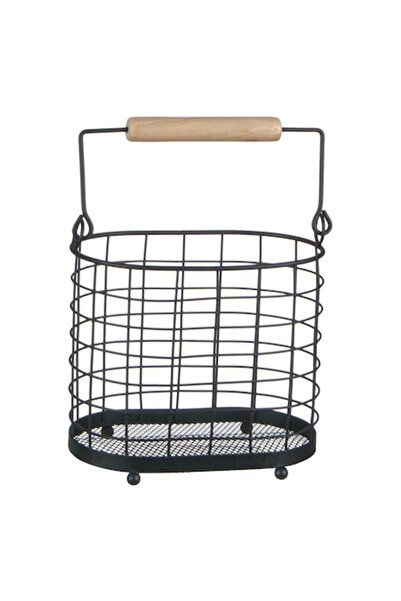 SHOPIENS Cutlery drainer, black metal, with wooden handle, 18 x 11.5 x 15.5 cm