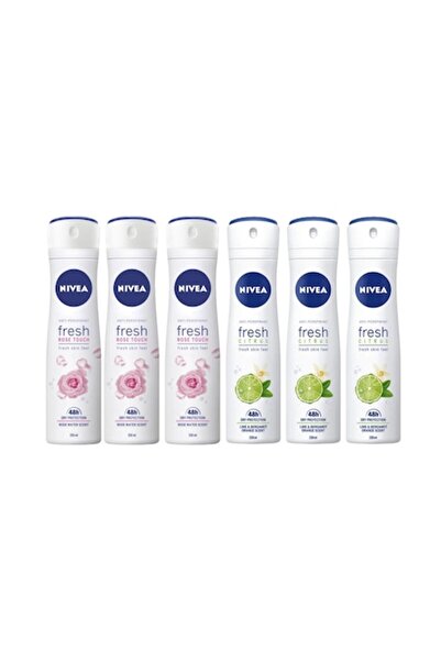 NIVEA Set 6 Deodorant Antiperspirant pentru Femei 150ml, 3 Arome de Citrice Fresh, 3 Arome de Trandafir Fresh, 0% Alcool, Fără
