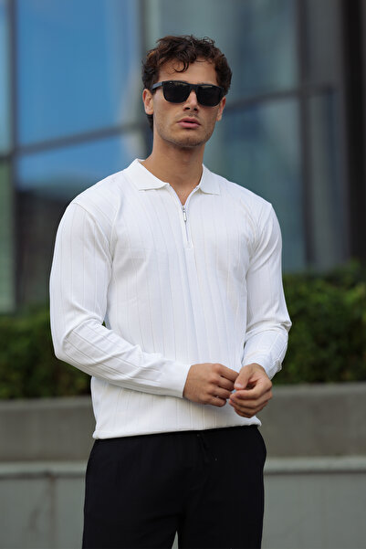 aziso White Men's Polo Neck Half Zip Knitwear Sweater