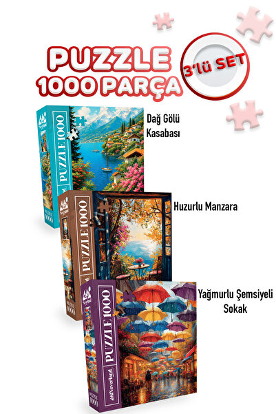 Neverland 3 ADET 1000 PARÇA PUZZLE - DAĞ GÖLÜ KASABASI VE HUZURLU MANZARA VE YAĞMURLU ŞEMSİYELİ SOKAK